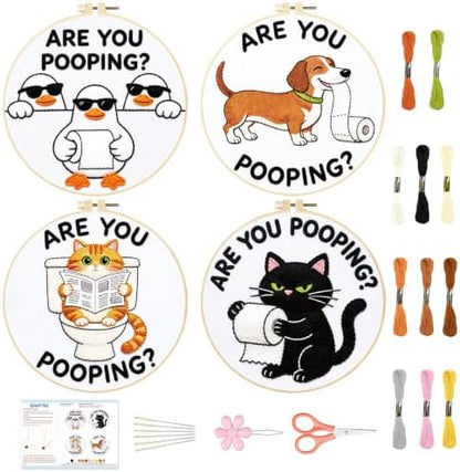 BEUNITONE 4 Pack Beginner Embroidery Kit for Adults, Funny Animal Pre-Stamped Pattern Needlepoint Kits with Hoop, Tools & Instruction, 7.9"x7.9" Hand Embroidery Kits for Fabric and Home Decor by BEUNITONE