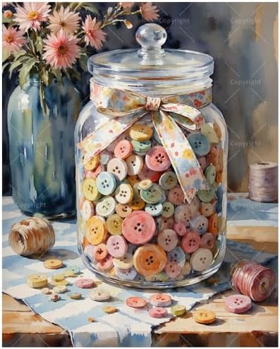 Still Life Paint by Numbers Kit for Adults - DIY Jar of Buttons and Flowers Painting on Canvas 16x20in, Acrylic Paint Set, Suitable for Beginners, Decorative Art for Home or Gifts by Unknown