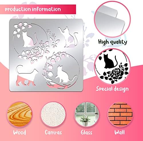 BENECREAT Cat Pattern Stainless Steel Painting Stencils, 6x6 inch Rose Wreath Bellflower Reusable Art Stencil Templates for Wood Burning, DIY Scrapbooking Photo Album - Image 3
