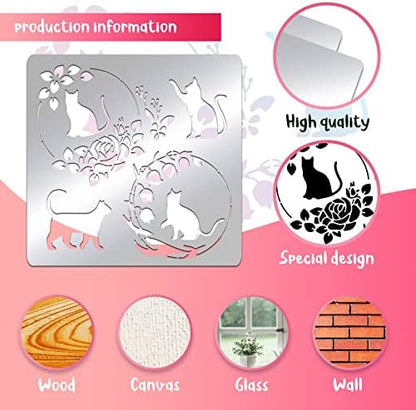 BENECREAT Cat Pattern Stainless Steel Painting Stencils, 6x6 inch Rose Wreath Bellflower Reusable Art Stencil Templates for Wood Burning, DIY Scrapbooking Photo Album - Image 3