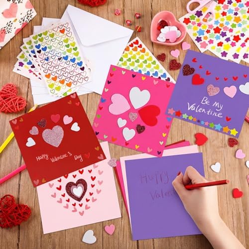Zonon 16 Pack Valentines Crafts DIY Card Valentines's Day Kits Foam Heart Sticker Craft DIY Kits Envelopes Cards Set for Exchange Gifts (Bright Color) - Image 3