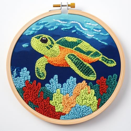 DIY Punch Needle Kits Green Sea Turtle with Hoop 20x20cm-5 by Unknown
