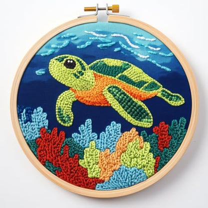 DIY Punch Needle Kits Green Sea Turtle with Hoop 20x20cm-5 by Unknown