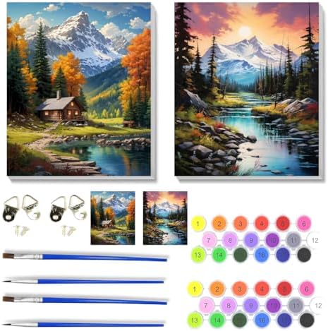 NEGEKFKX 2 Pack Mountain Paint by Numbers Kit for Adults Beginner with Framed,Easy Adult Paint by Number Kits on Canvas DIY Painting for Beginners Art by Numbers for Home Wall Decor 10x12 Inch by NEGEKFKX
