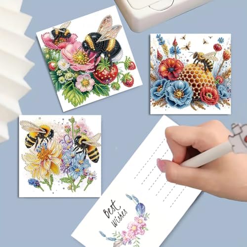 6 Pcs Diamond Painting Greeting Cards Kit Bee Poppy Flowers Sunflower with Envelopes, 5D DIY Special Shaped Rhinestone Art Card Making Kits for Adults, Holiday Blessing Postcards, Creative Craft Gifts - Image 4