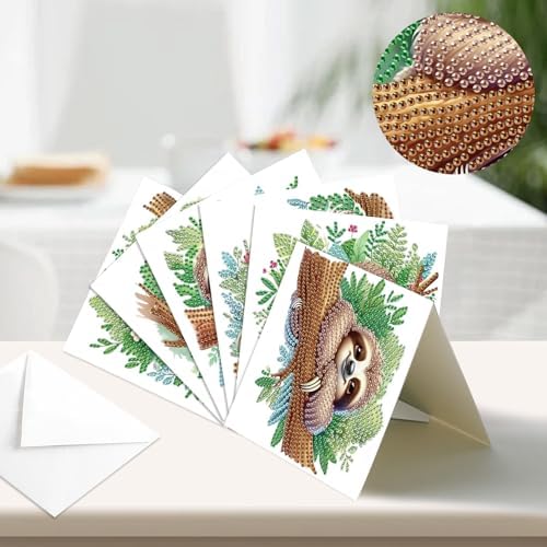 antor 6-Pack Sloth Diamond Art Greeting Cards – DIY 5D Diamond Painting Greeting Card Kits for Adults with Envelopes, Relaxing Rhinestone Card Kit Featuring Cute Hanging Sloths on Tree Branches - Image 4