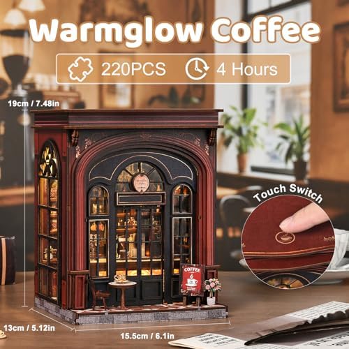 Sunny Cafe Dollhouse, DIY Miniature House Kit with LED Light for Adults Teens Beginners, Vintage Coffee Shop Book Nook Kit Bookshelf Decor, Creative DIY Craft Gift for Coffee Lovers Birthdays Holidays - Image 4