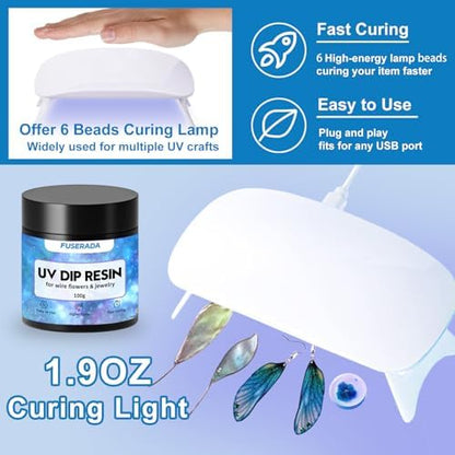 25PCS UV Dip Resin Kit for Wire Flowers Jewelry, 100g UV Dip Resin with Light Set, Crystal Clear Fast Curing Resin, Silicone Mat, UV Dip Epoxy Resin Jewelry Making Kit Supplies, DIY Art Crafts - Image 6