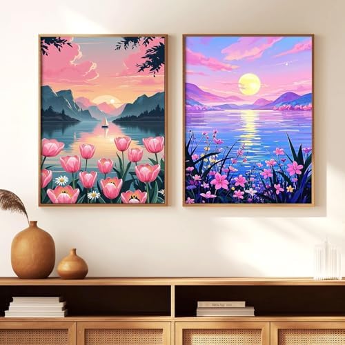 Qaisxoty Paint by Numbers Kits for Adults, 2 Pack Rolled Canvsa Lake Landscape Paint by Numbers KIt for Beginners, DIY Acrylic Painting by Number Kit for Great Gift Home Decor - 12” x 16” - Image 3