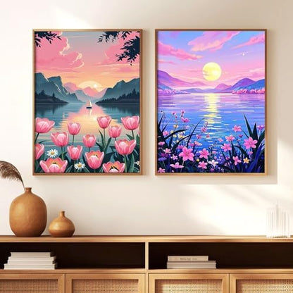 Qaisxoty Paint by Numbers Kits for Adults, 2 Pack Rolled Canvsa Lake Landscape Paint by Numbers KIt for Beginners, DIY Acrylic Painting by Number Kit for Great Gift Home Decor - 12” x 16” - Image 3