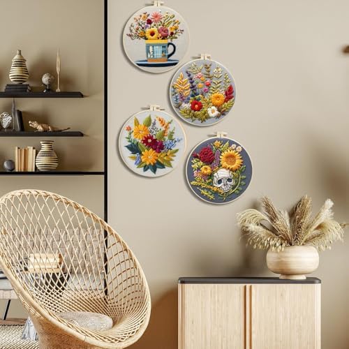 FONNUY Floral Embroidery Kit for Beginners, Colorful Flowers Pre-Stamped Pattern Kits for Adults with Hoop, Thread Needlework, 8'' Hoop (Skull) - Image 6