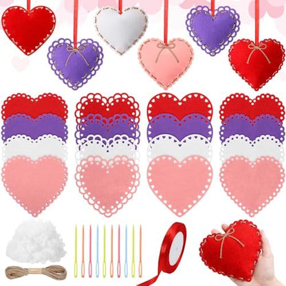 Soulchen 16 Sets Valentines Day Hearts Felt Craft Kits Large 5.9 Inch Felt Heart Hanging Ornament with Filling Cotton Rope for DIY Crafts Wall Decorations Valentine's Day Wedding DIY Craft Supplies by Soulchen