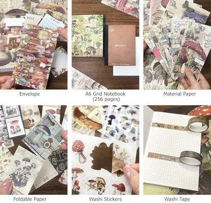 BoomTeck Vintage Scrapbooking Kit – Aesthetic Junk Journal Supplies with Scrapbook Paper, Washi Stickers, A6 Grid Notebook, DIY Craft Journaling Gift Set for Teens & Adults (Mushroom Theme) - Image 4