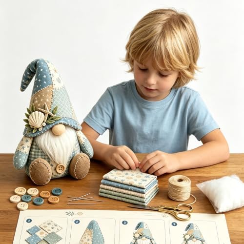 3D DIY Animal Patchwork Sewing Kit, Handmade Fabric Craft Set for Gnome and Cat Decor, Suitable for Adult Beginner DIY Projects (Light Blue) - Image 2
