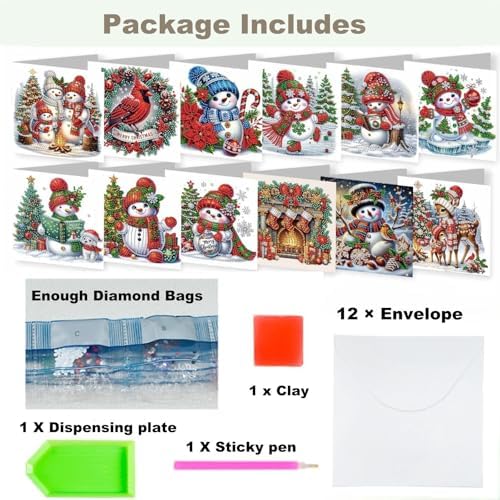 Zyvoreva 12 PCS Christmas Snowman Diamond Art Greeting Cards with Envelopes, Diamond Painting Greeting Cards Kit for Adults DIY Holiday (red) - Image 3