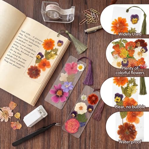 182 Pcs Pressed Flower Bookmark Making Kit, 30 Laminating Pouches with 120 Dried Flowers, 30 Tassels, Tweezer and Punch, Party DIY Crafts Bookmark for Reading Women Kids - Image 5