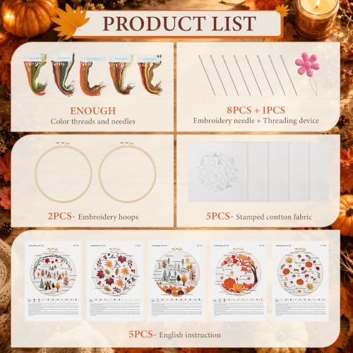 Kuabiz 5 Sets Fall Embroidery Kits for Beginners Autumn Maple Leaves Cross Stitch Kit for Adults Thanksgiving Pumpkins Embroidery Starter Kit Hoop Needlepoint Kits with Instruction Needles Threads - Image 3