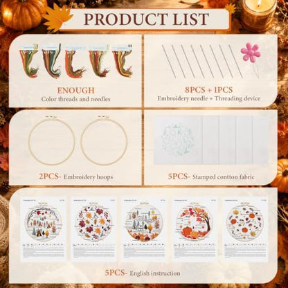 Kuabiz 5 Sets Fall Embroidery Kits for Beginners Autumn Maple Leaves Cross Stitch Kit for Adults Thanksgiving Pumpkins Embroidery Starter Kit Hoop Needlepoint Kits with Instruction Needles Threads - Image 3
