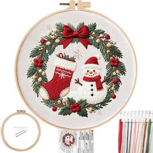 FONNUY Cute Christmas Embroidery Kit for Beginners, Festive Winter Pre-Printed Pattern & Supplies Set for Adults, DIY Handmade Needlepoint Kits Wall Art, 8'' Hoop (Holly Berries) by FONNUY