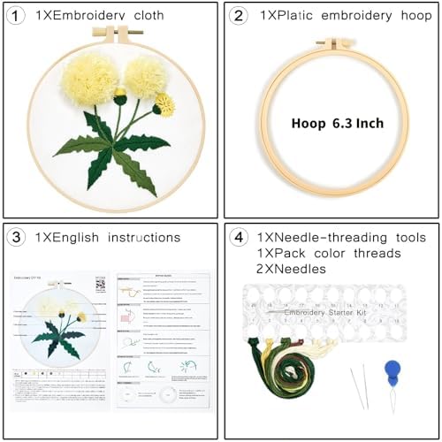 Dandelion Flower Embroidery Kits for Beginners Adults, Hand Embroidery Starter Kits, Cross Stitch Kits for Beginners DIY Craft Kits for Adults Women, Entire Set of Embroidery Supplies & Video Tutorial - Image 6