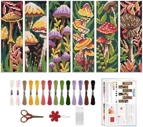 ORIGACH 6 Set Mushroom Plants Cross Stitch Bookmark Kit for Beginner by ORIGACH