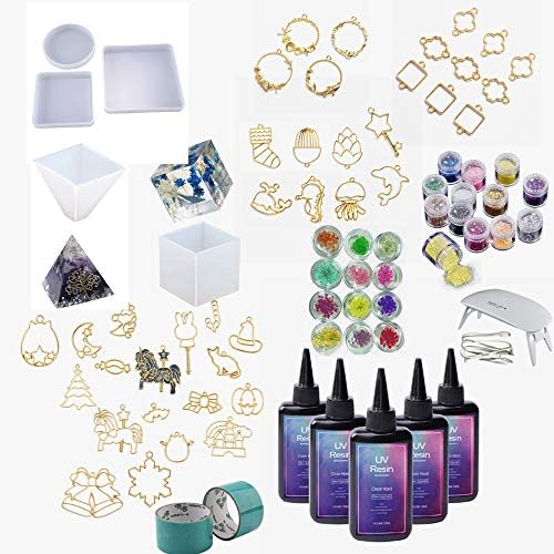 500ml Clear UV Resin Crafting Kit with 5 Molds Cube Pyramid Square Round for Specimen Home Decoration DIY + 38 Open Bezels for Pendants Earrings Jewelry Making, with UV Lamp + 24 Glitter & Flowers by VidaRosa