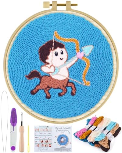 ERKOON Punch Needle Kit Beginners Adults, Zodiac Easy Embroidery Set for Starter Art Craft, Needling Punching Project with Patterns, Tools, Yarns, Hoop, Instruction (Sagittarius) by ERKOON
