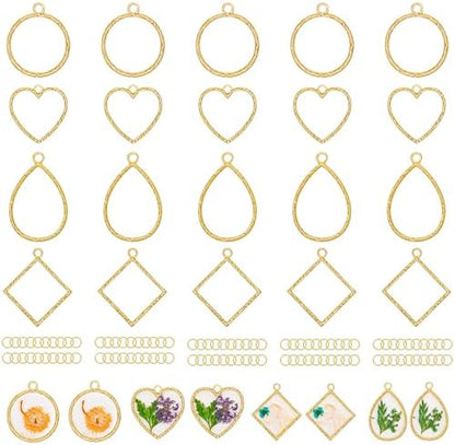 Gartful Open Bezels for Resin Jewelry Making, Engraved Hollow Frame Pendants with 100PCS Jump Rings, Craft Bezels for Necklace, Earring, Craft Supply, 4 Styles(Round, Heart, Square, Teardrops) by Gartful