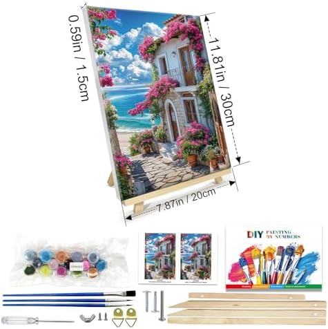 JOOZ Paint by Numbers Kit for Adults with Frame, Seaside Scene Paint by Number with Easel, DIY House Flowers Oil Painting by Numbers, Adult Paint by Number Kits Landscape for Wall Decor 8x12 Inch - Image 2