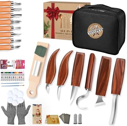 YOYUPETA Wood Carving Tools, 34-Piece Professional Whittling & Carving Kit Set with Walnut Handle Knives, Detail Gouges, Sharpening Stone, Acrylic Paints, Brushes, Palette & Gloves for Adult Hobbyists by YOYUPETA