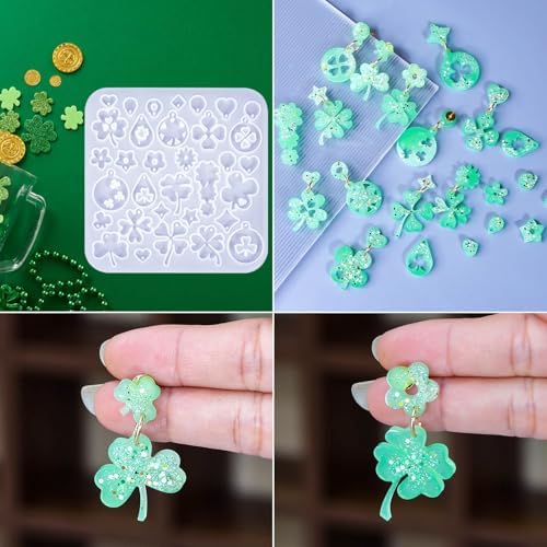 3 Pack Shamrock Silicone Resin Earring Molds, Lucky Straw Shape Earring UV Molds Epoxy Resin Casting Mold with 200Pcs Earring Hook for St Patrick's Day Keychain Jewelry Pendant DIY Supplies - Image 3