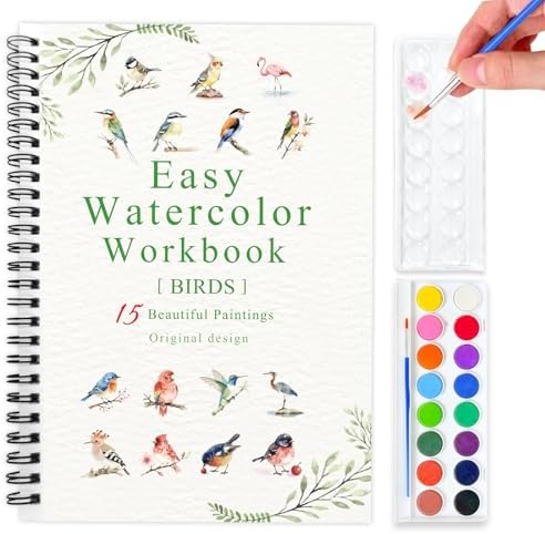 SLWBZ Watercolor Workbook Birds, 15 Different Patterns of Original DIY Designs, 16 Color Watercolor Paint Plates with Palette and Brush, Beginner-Friendly Watercolor Workbooks, Birds by Unknown