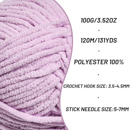Plush Chunky Chenille Yarn for Crocheting, Soft Fluffy Velvet Yarn for Crocheting, Fuzzy Baby Blanket Knitting Yarns, 100g/131yds Bulky Amigurumi Yarns（Light Purple） - Image 2