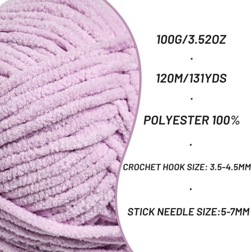 2 Pack Plush Chunky Chenille Yarn for Crocheting, Soft Fluffy Velvet Yarn for Crocheting Amigurumi, Fuzzy Baby Blanket Knitting 200g/262yds Bulky(2 Light Purple) - Image 2