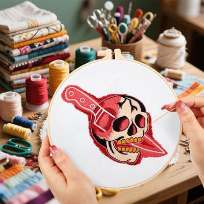 Halloween Punk Embroidery Kits for Beginners Adults, Blood Skull Embroidery Starter Kits, Halloween Cross Stitch Kits for Beginners Adults Hobbies for Women, Embroidery Fabric, Hoop and Video Tutorial - Image 5
