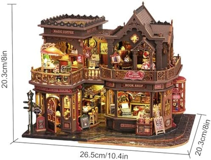 CUTEROOM DIY Miniature House Kit, Wooden Dollhouse Kit with LED Magic Tiny House Kits for Women Adult Gifts for Christmas Birthday (Book Coffee Shop) - Image 2