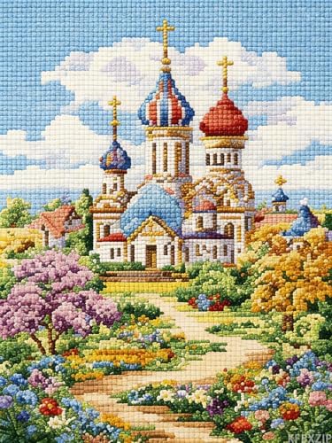 KFBXZIP Russian Castles Stamped Cross Stitch Kits for Beginners Easy 11CT Needlepoint Embroidery DIY Counted Cross Stitch Kits Art Craft Wall Decoration, 12x16 inch by KFBXZIP