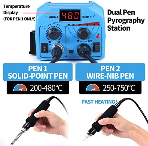 YIHUA 939D-II Pyrography Pen Wood Burning Kit Station (Blue) 2-in-1 Solid-Point 200~480°C (with Temp Display)/Wire-Nib 250~750°C Bundle with YIHUA Solid-Point Pen Tip Converter Set 5PCS - Image 4