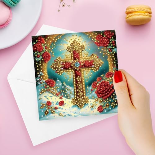 jinglinhh 6pcs Easter Cross Pink Red Rose Flower Diamond Art Painting Greeting Cards with Envelopes, DIY Card Making Kits for Adults, Diamond Art Postcards Christmas Cards Craft Gifts - Image 7