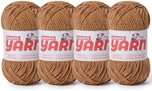 4 Pack Plush Chunky Chenille Yarn for Crocheting, Soft Fluffy Velvet Yarn for Crocheting Amigurumi, Fuzzy Baby Blanket Knitting 400g/524yds Bulky(4 Light Coffee) by Sekafris