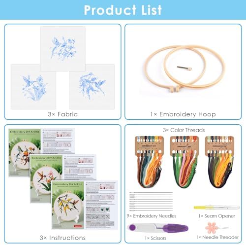 ERKOON 3 Sets Embroidery Kit, Hummingbird Cross Stitch Set for Include Embroidery Cloth Hoops Threads for Craft Lover Hand Stitch (Hummingbird) - Image 4