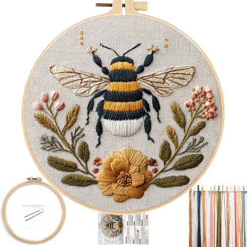 FONNUY Embroidery Kit for Beginners, Boho Floral Bee Pre-Stamped Pattern Kits for Adults with Hoop, Easy to Follow Color Thread Needlework, 8'' Hoop (Honeybee A003) by FONNUY