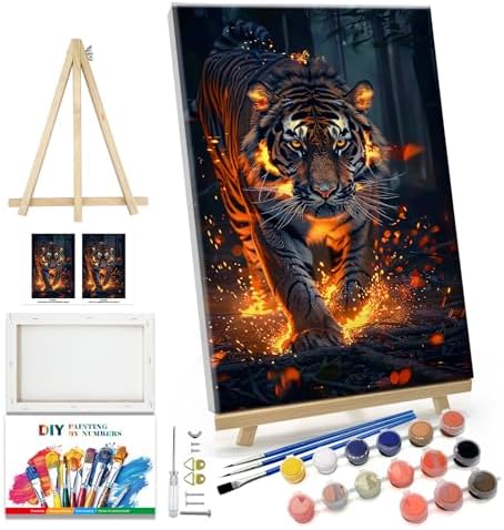JOOZ Paint by Numbers Kit for Adults with Frame Tiger Paint by Number with Easel Animal Adult Paint by Number Kits on Canvas DIY Paint by Number for Adults for Gift Home Wall Decor 7.87x11.81 Inch by Jooz