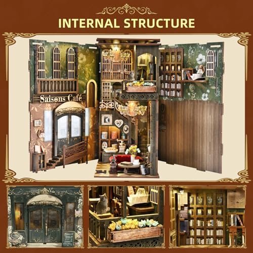 MiniCity Book Nook Kitwith Dust Cover and LED Light, 3D Wooden Puzzle Bookend Bookshelf Insert Decor for Teens and Adults (Saisons Café) - Image 6