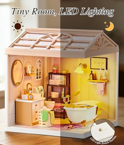 1:24 Scale Tiny House Bathroom DIY Miniature House Kit with Roof & LED Light, Realistic Miniature Kit with Bathtub, Sink & DIY Accessories, Cute Tiny Home Decor for Adults Teens - Image 2