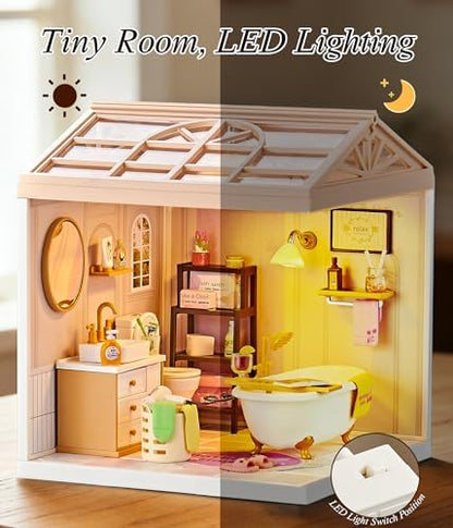 1:24 Scale Tiny House Bathroom DIY Miniature House Kit with Roof & LED Light, Realistic Miniature Kit with Bathtub, Sink & DIY Accessories, Cute Tiny Home Decor for Adults Teens - Image 2