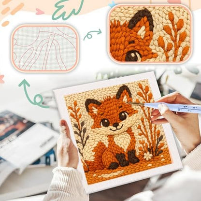 SDOYUNO Punch Needle Kit with Frame for Adults Beginners Kits 9.84 x 9.84 Inch Embroidery Starter Kits Punch Needle Kit with Fox Pattern, Threader, Yarns, Rug Punch, DIY Craft Kits (Brown) - Image 4