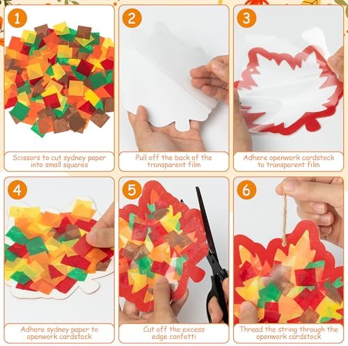 CJiangpo 24 Sets Fall Maple Leaves Suncatcher Paper Craft Kits, DIY Stained Glass Effect Window Ornament Rainbow Tissue Paper Art Craft Classroom Activities Supplies Thanksgiving Party Decor - Image 3