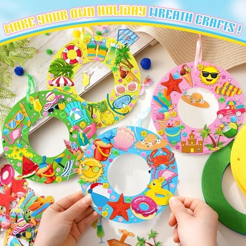 32 Sets Summer Hawaii Crafts Kits DIY Felt Wreath Making Kits Tropical Beach Crafts with Flamingo Palm Pineapple Watermelon Surfboard Stickers for Party Decorations Home - Image 2