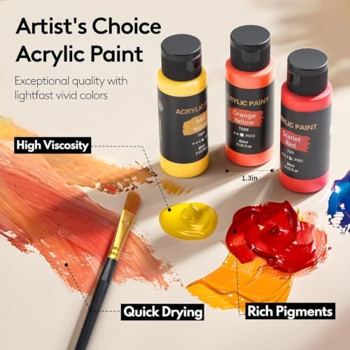TMOL Acrylic Paint Set, 24 Colors (2 oz/Bottle) with 12 Art Brushes, Art Supplies for Painting Canvas, Wood, Ceramic & Fabric, Rich Pigments Lasting Quality for Beginners, Professional - Image 3